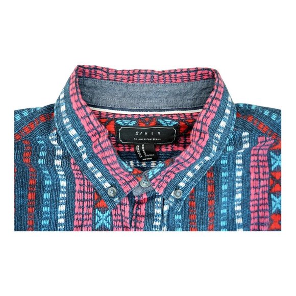 21 Men Shirt Medium Blue Red Button Down Classic Fit Short Sleeve Striped pocket - Picture 3 of 4